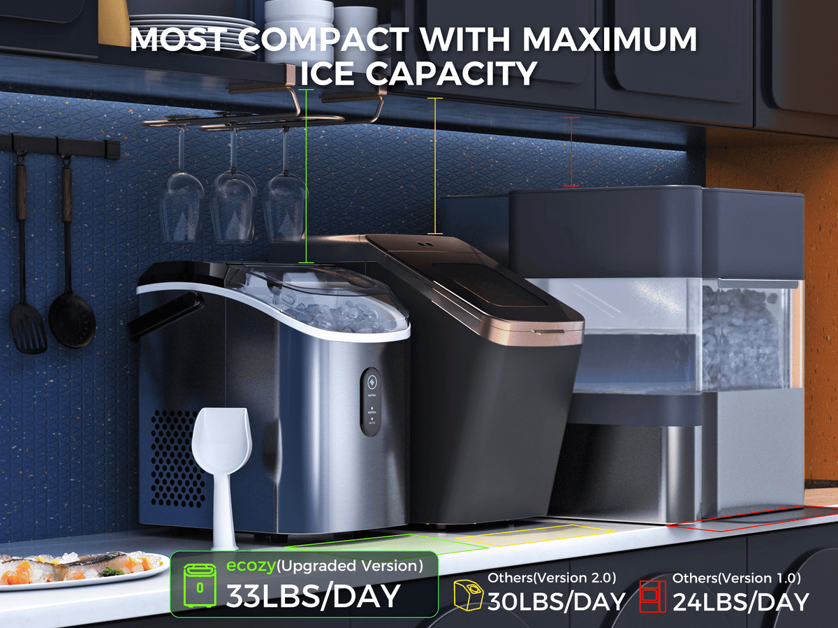 Ecozy Chillio Countertop Nugget Ice Maker, 33lbs/day, Self-Cleaning, Portable Ice Makers Machine with Bag & Scoop for Kitchen, RV, Parties