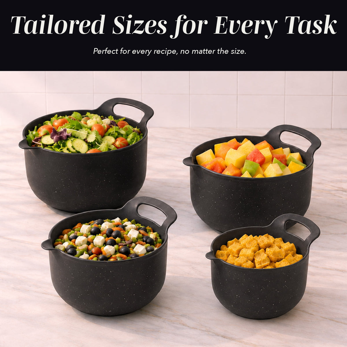 COOK WITH COLOR Mixing Bowls Set, 4-Piece Non-Slip Mixing Bowls with Pour Spouts & Handles, Black Speckled