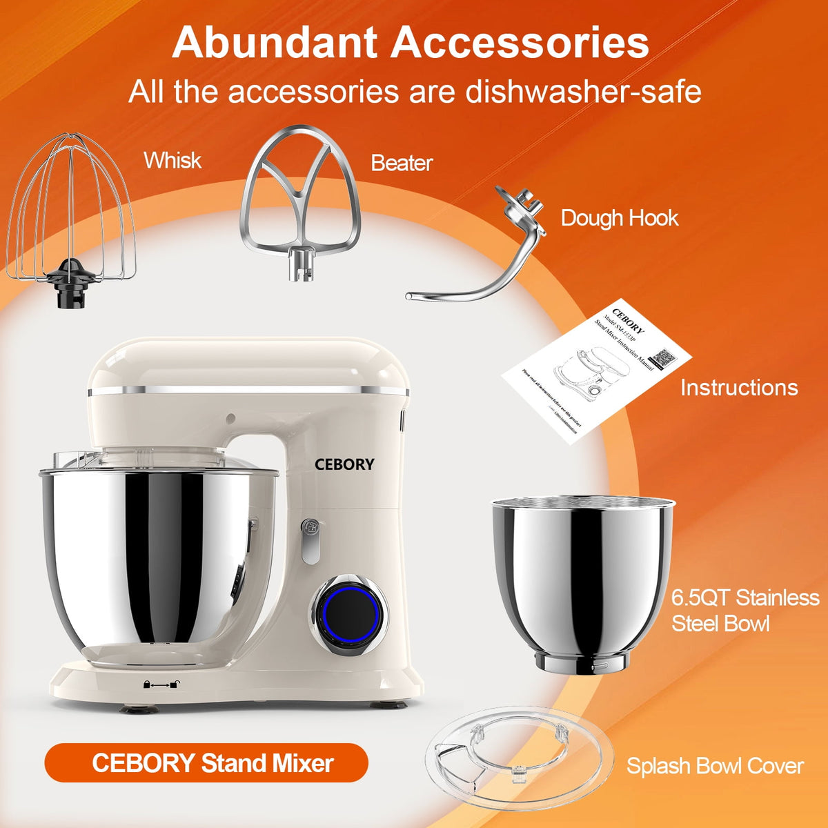 CEBORY 3-IN-1 Stand Mixer, 6.5 QT Tilt-Head 10-Speed Food Mixer, Kitchen Electric Mixer with Dough Hook, Beater, Whisk, Bowl for Most Home Cooks