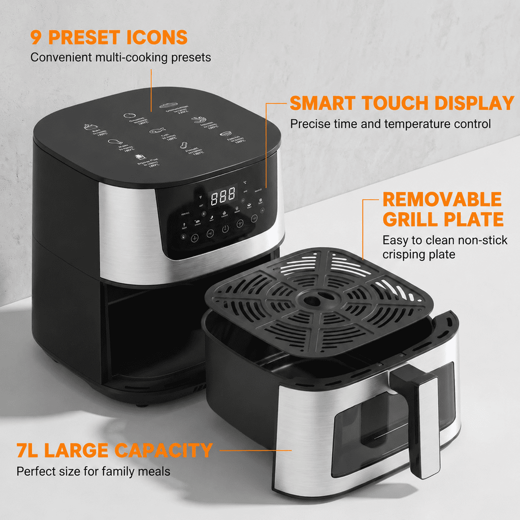 Yilush 7.5 Qt. Air Fryer 9 Functions w/ Touch Controls, HI-FRY Button, Stainless Steel（Black）