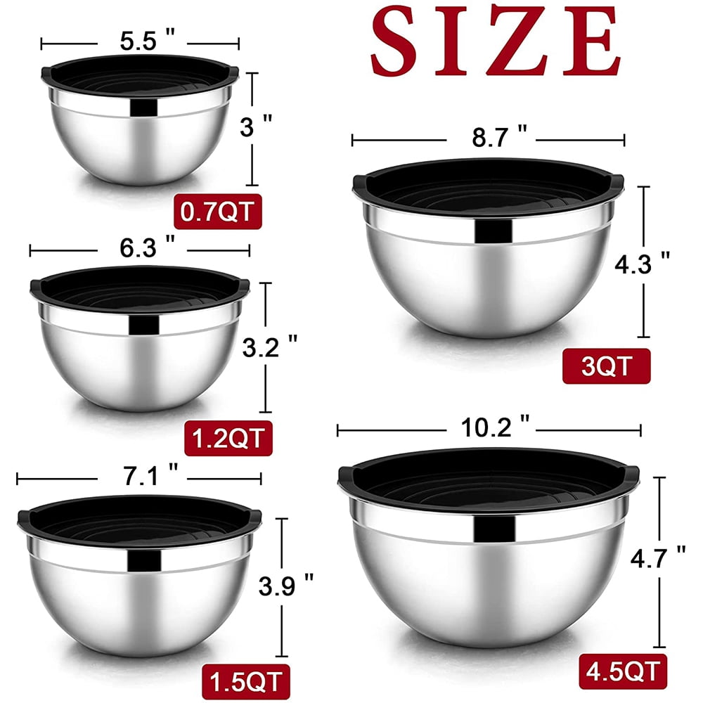 Mixing Bowls with Lids Set of 5, Vesteel Stainless Steel Mixing Bowls Metal Nesting Salad Bowls, Size 4.5, 3, 1.5, 1, 0.7 QT Great for Cooking, Baking, Serving - Multi-Color