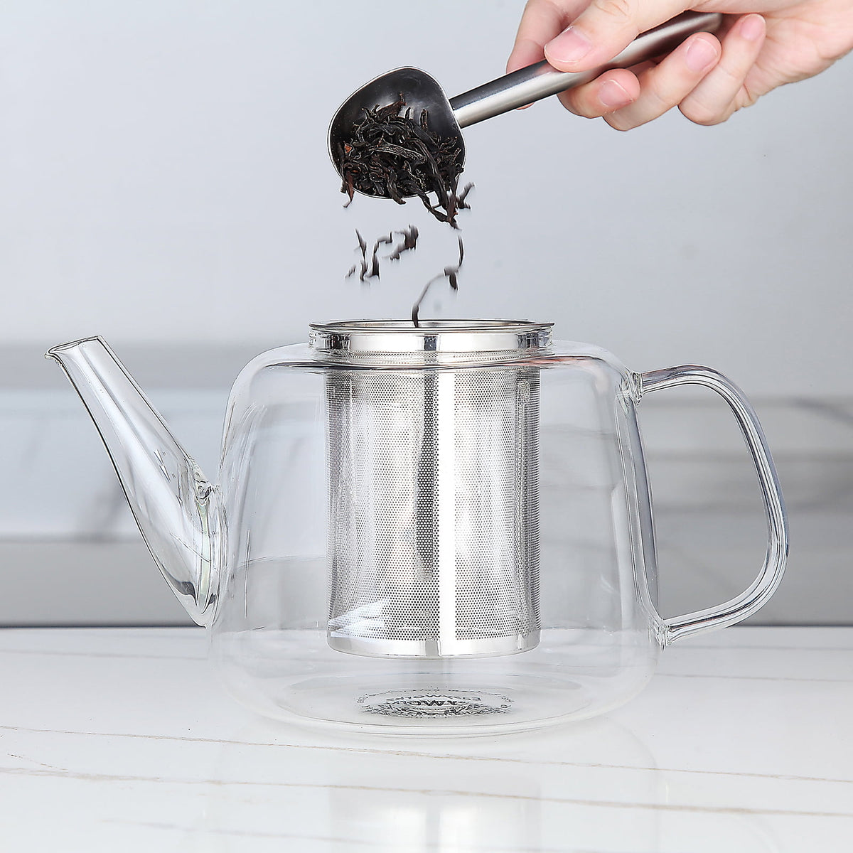 Easyworkz Borosilicate Glass Teapot 50oz with Large Stainless Steel Removable Loose Tea Infuser for Fruit Herbal and Infusion, Smoke Grey