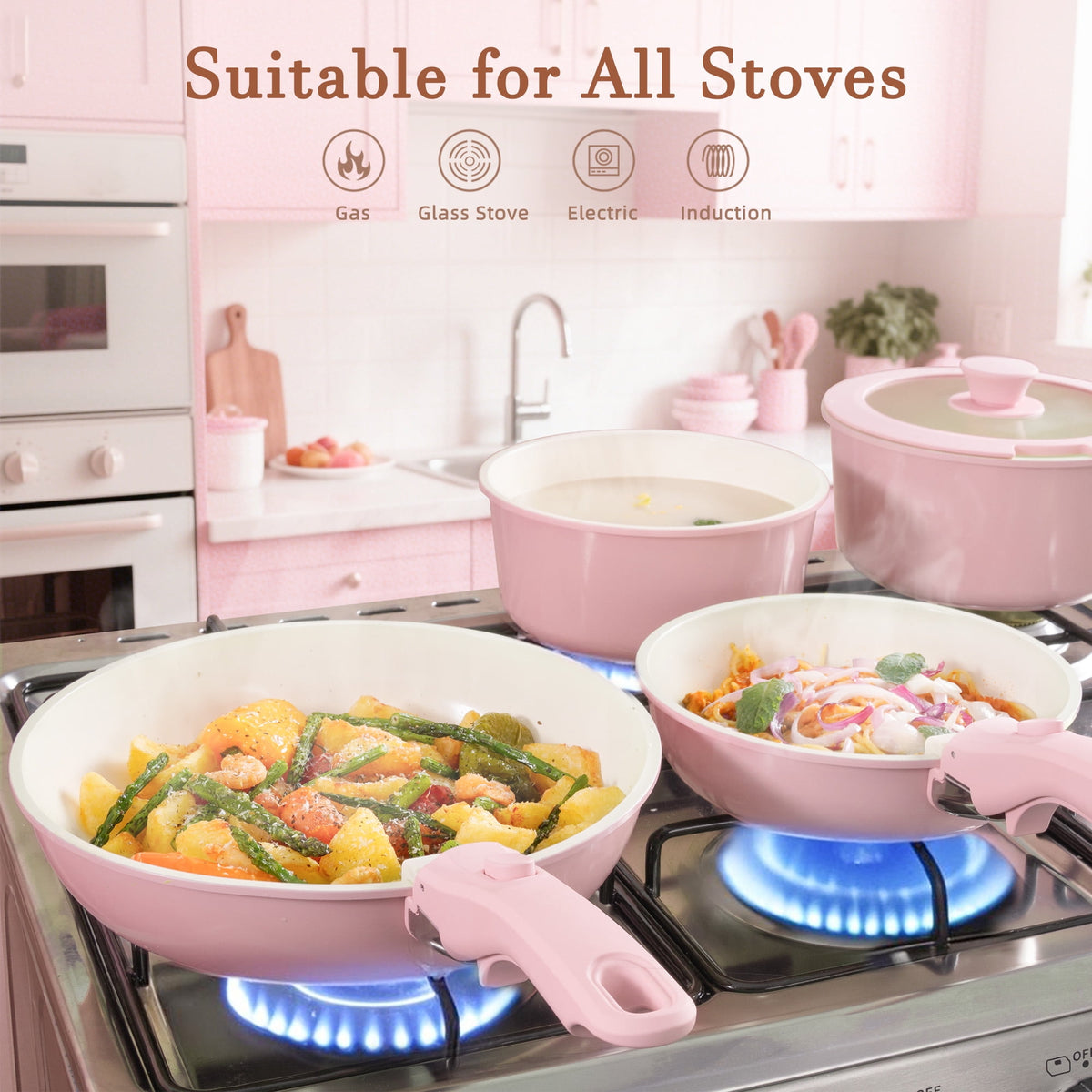 Astercook 20-Piece Pots and Pans Set, Nonstick Cookware Set with Detachable Handles, Oven & Dishwasher Safe, Induction Compatible, Stackable RV Kitchen Cooking Set, Black