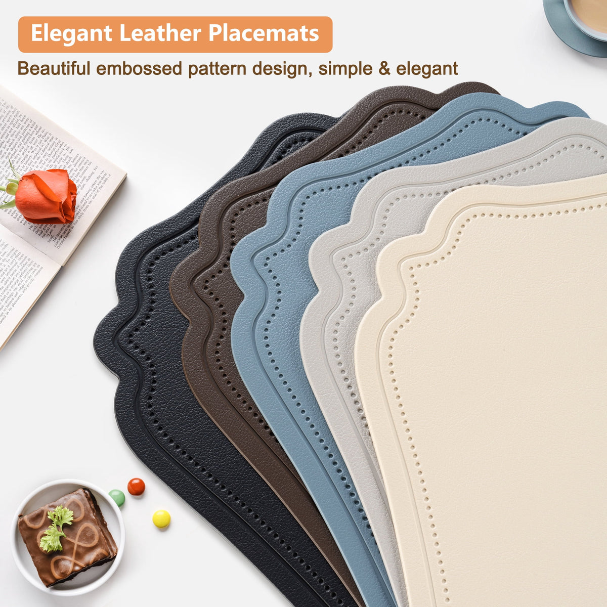 VCVCOO Placemats Set of 4 Beige Leather Place Mats Waterproof Wipeable Heat Resistant Sturdy Rectangle Kitchen Dining Table Mats for Indoor Outdoor Reversible Easy to Clean Place Mats