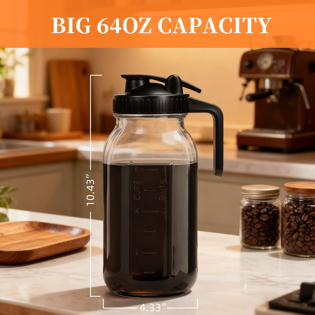 TINANA 64oz Wide Mouth Mason Jar Pitcher with Handle & Flip Lid, Heavy Duty Glass Cold Brew Coffee Maker, Airtight Leak-Proof Pitcher for Iced Tea, Juice, Lemonade