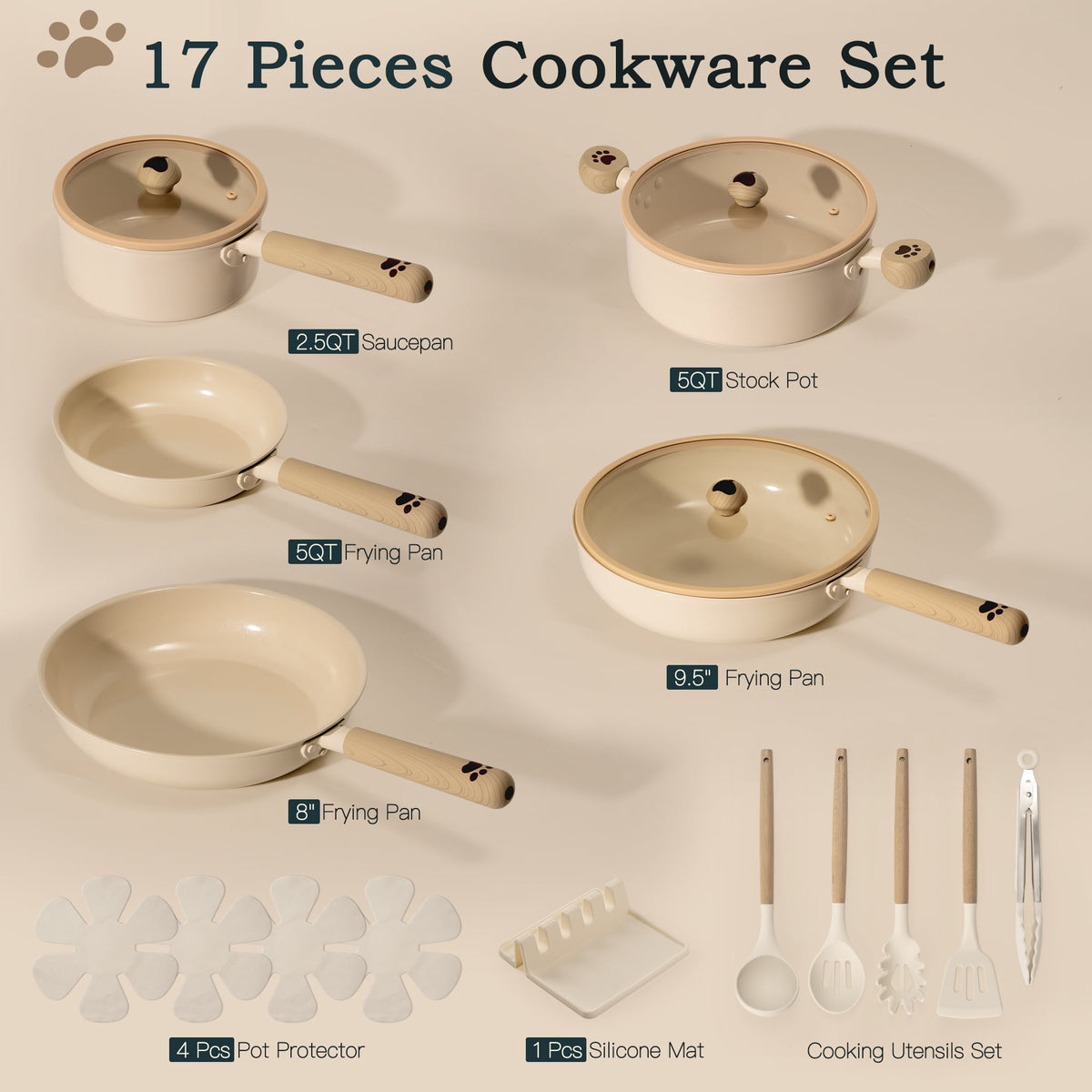 Astercook 22 Piece Pots and Pans Set Non Stick, Cookware Set with Detachable Handles, Oven Safe, Induction Ready, Stackable RV Kitchen Cooking Set, Cream White