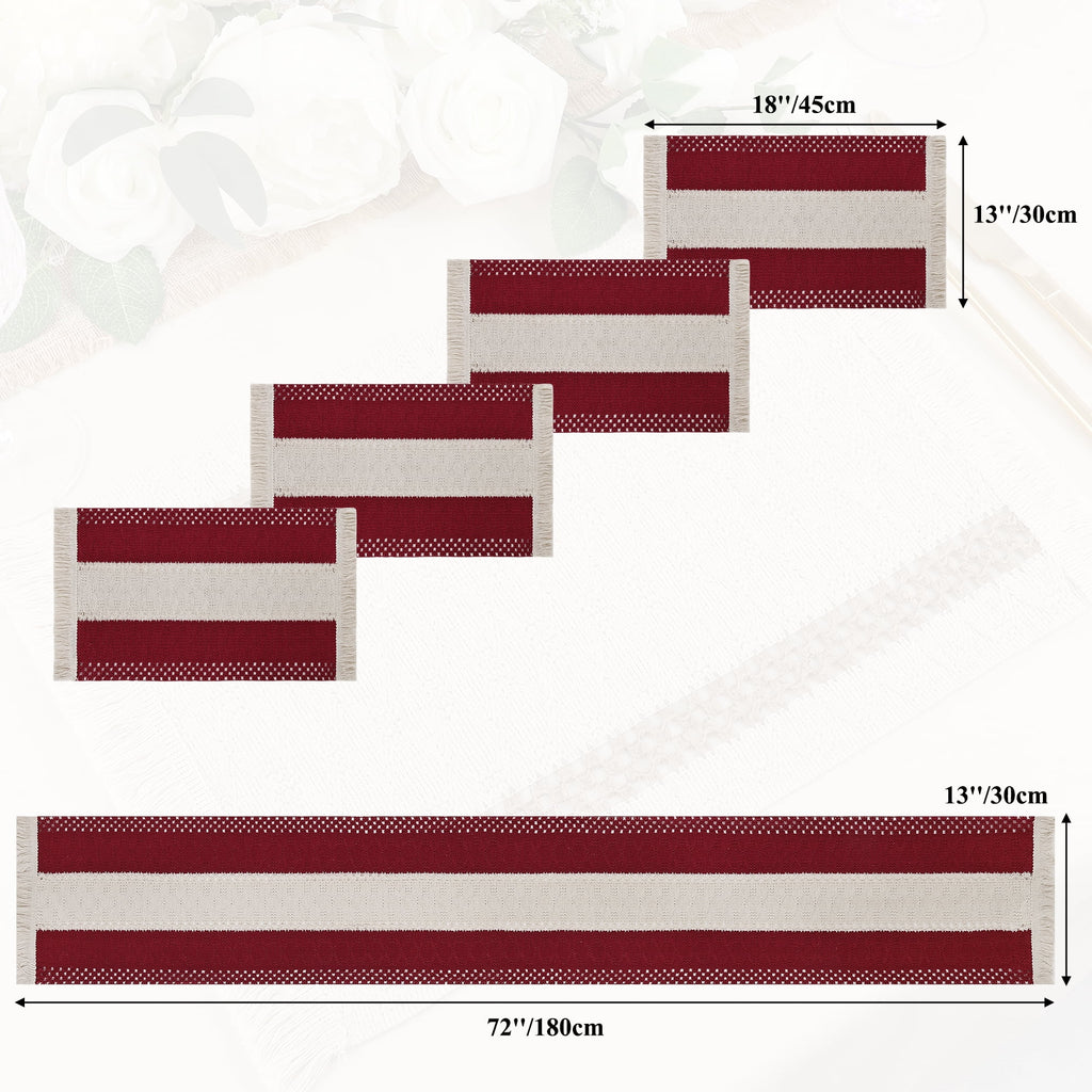 MeyJey Table Runner and Placemats Set of 4, Washable Fabric Rectangle Dining Table Mats with Tassels for Dining Tables, Kitchen, Red/Beige