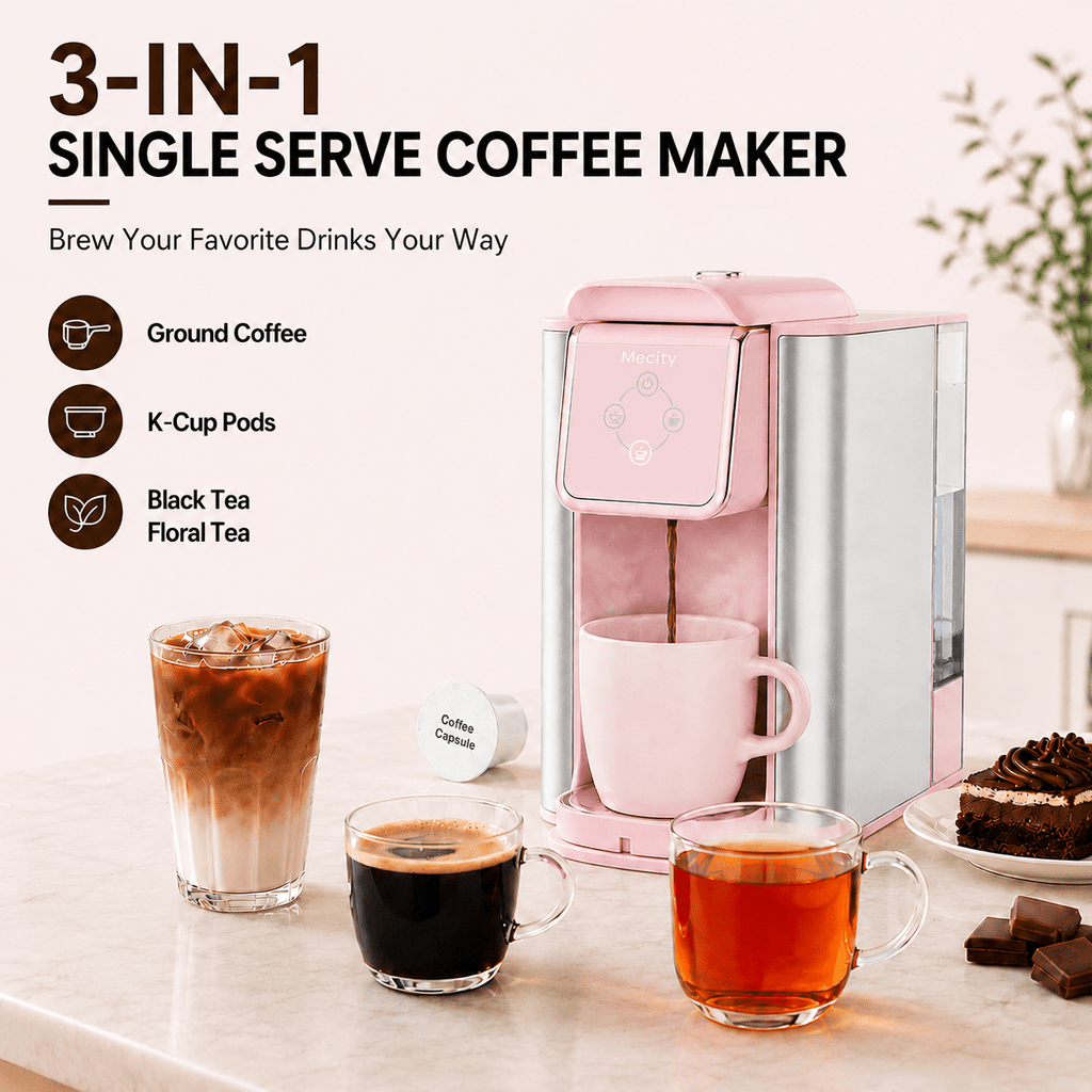 Mecity Coffee Maker 3 in 1 Single Serve Coffee Machine, Compatible with K cup Capsules, Instant Coffee Pot, Tea maker, 6,8,10 Oz Cup, Removable 50 Oz Water Reservoir, 120V 1150W, Black