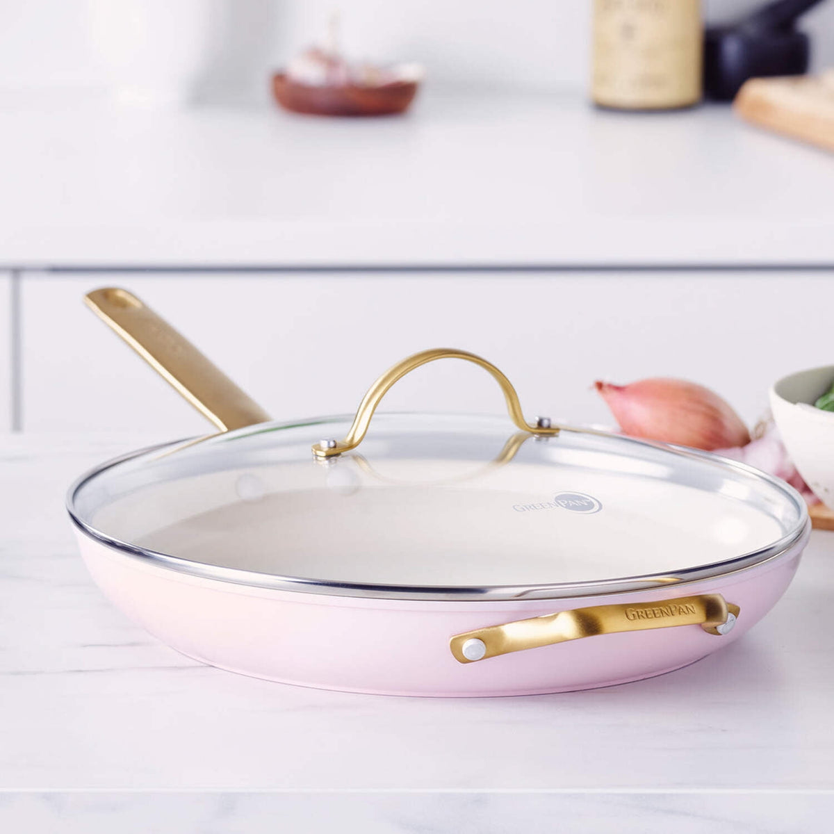 GreenPan Reserve Ceramic Nonstick 12" Frypan with Helper Handle and Lid | Blush