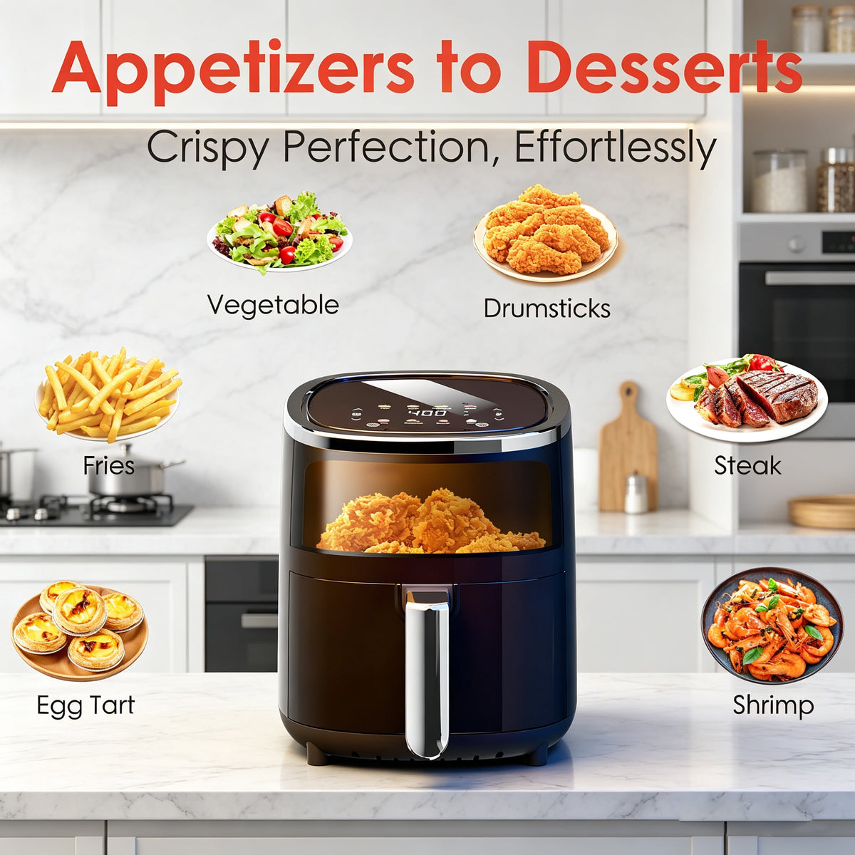 WHALLULTRA 4QT Air Fryer, Smart Touchscreen & View Window, 12 Presets, Vortex Heating, Dishwasher Safe Basket, Obsidian