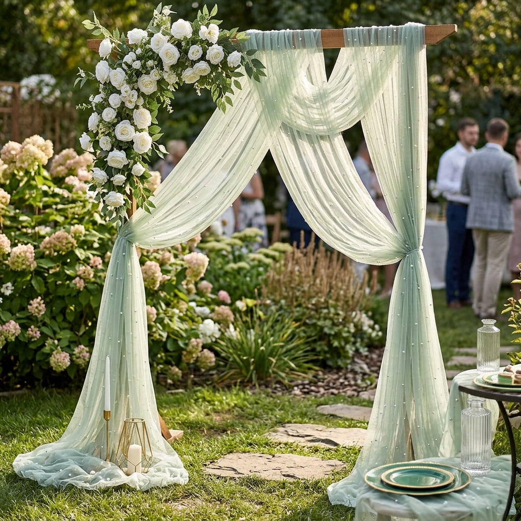 Inosoo Pearl Gauze Table Runner 30x120 inch, 10FT Sheer Tulle Table Decor with Shatterproof Pearls for Wedding Party Dining, White
