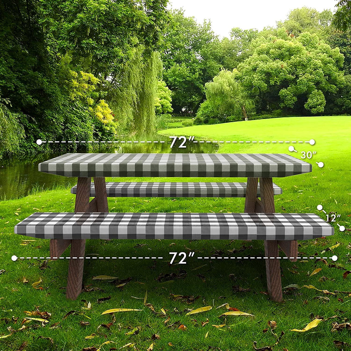 UMINEUX 3-Piece Rectangle Checkered Picnic Table Cover with Bench Covers Vinyl Flannel Backing with Elastic Edge (30"x72", Black and White)