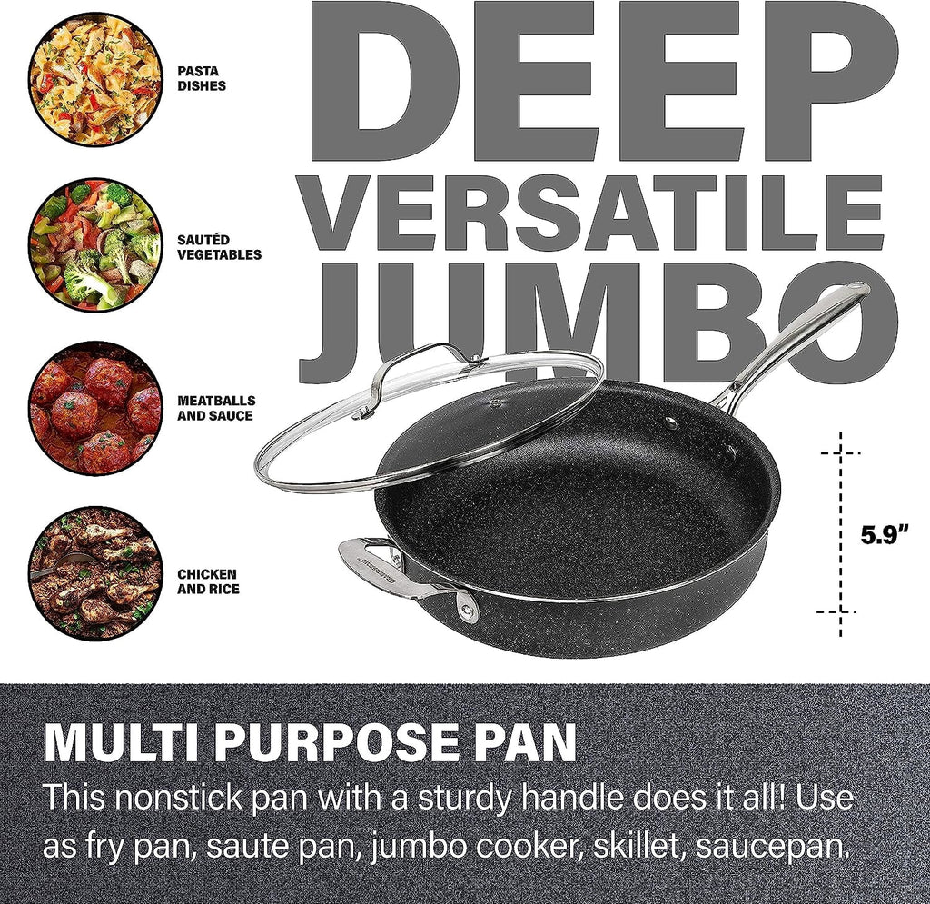 Granitestone Jumbo Cooker with Lid, Nonstick Triple Coated Surface, Family Sized Open Skillet with Stainless Steel Stay Cool & Helper Handle, Oven and Dishwasher Safe