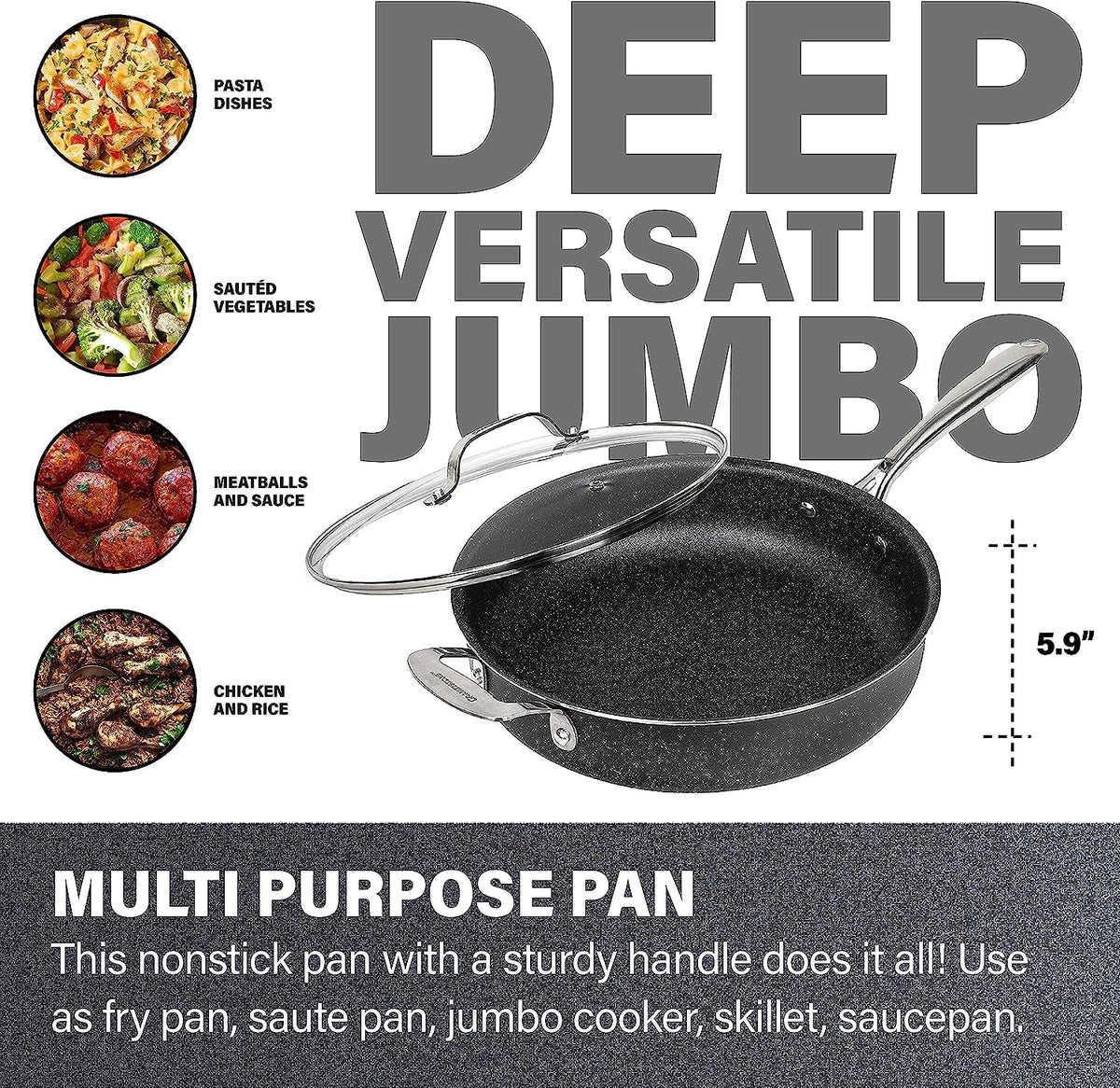 Granitestone Jumbo Cooker with Lid, Nonstick Triple Coated Surface, Family Sized Open Skillet with Stainless Steel Stay Cool & Helper Handle, Oven and Dishwasher Safe