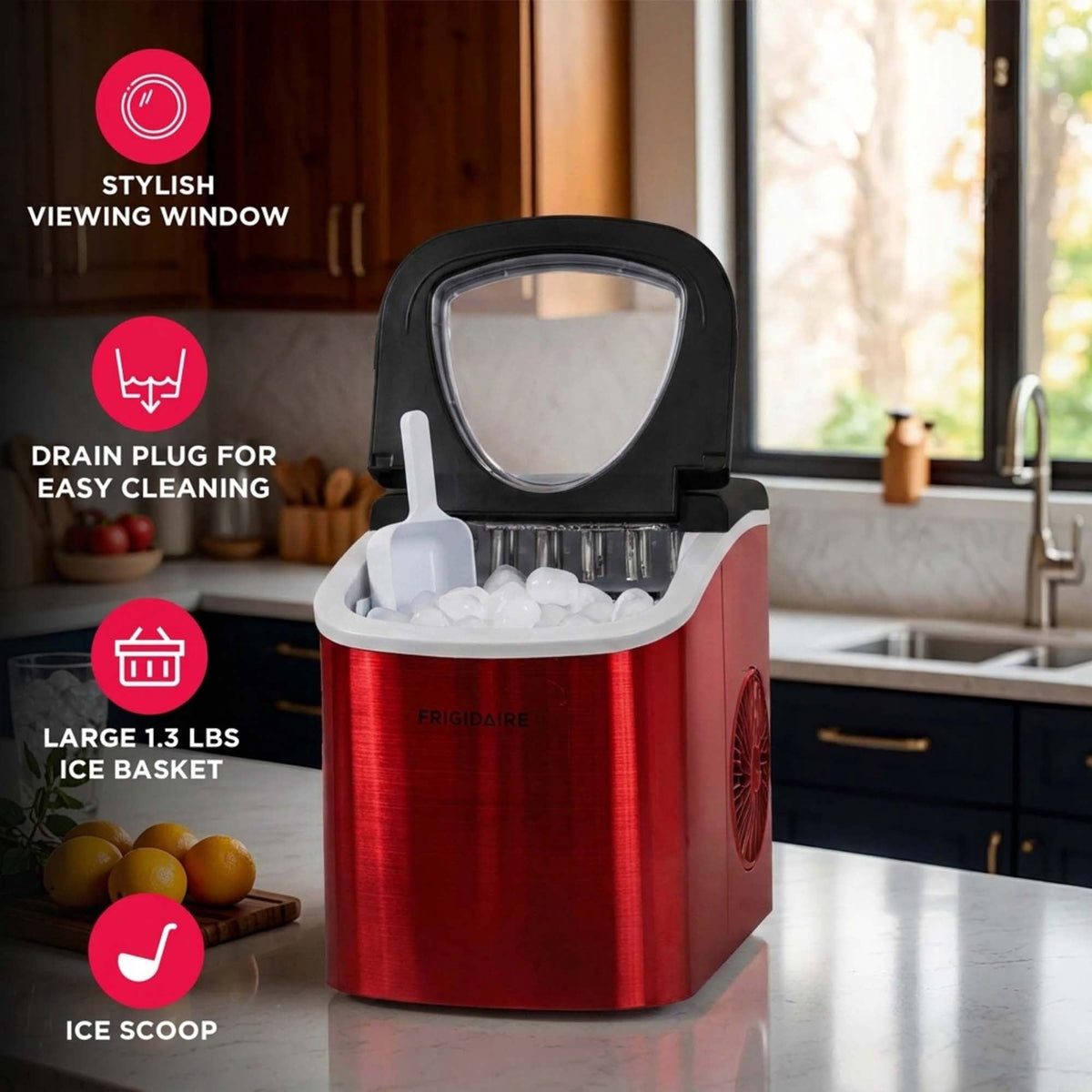 Frigidaire 26 lb Bullet Ice Maker Stainless Steel - compact, high-capacity icemaker producing bullet-shaped ice ideal for kitchens, parties, and entertaining