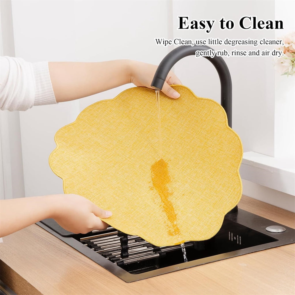 Ileading Scalloped Round Placemats Set of 6 Polyester Linen Blend Washable Non Slip Place Mats Easy Clean Heat Resistant Table Mats for Kitchen Dining Table Decor