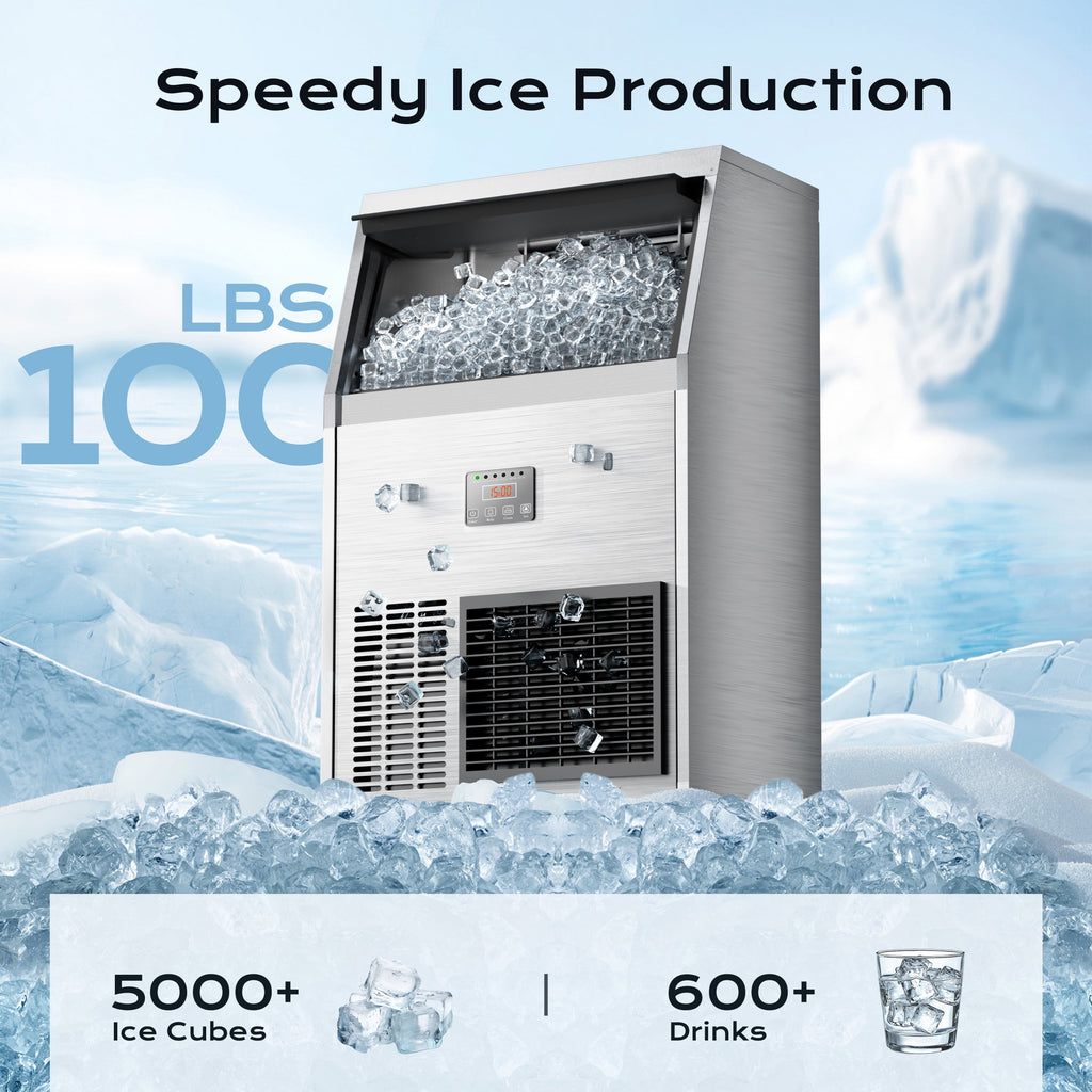 Coolake 100lbs/24H Air Cooled Commercial Under Counter Ice Maker with 33lbs Storage in Stainless Steel, 115v