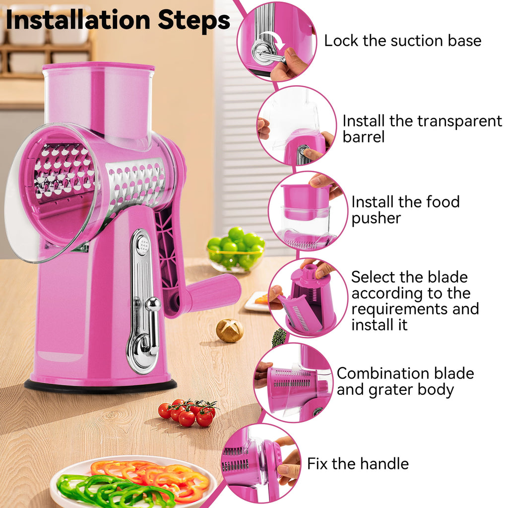 Pukomc Rotary Cheese Grater with Handle- 5 Blades, Suction Base, Mandoline Slicer & Veg Shredder with Blade Storage Box(Green)