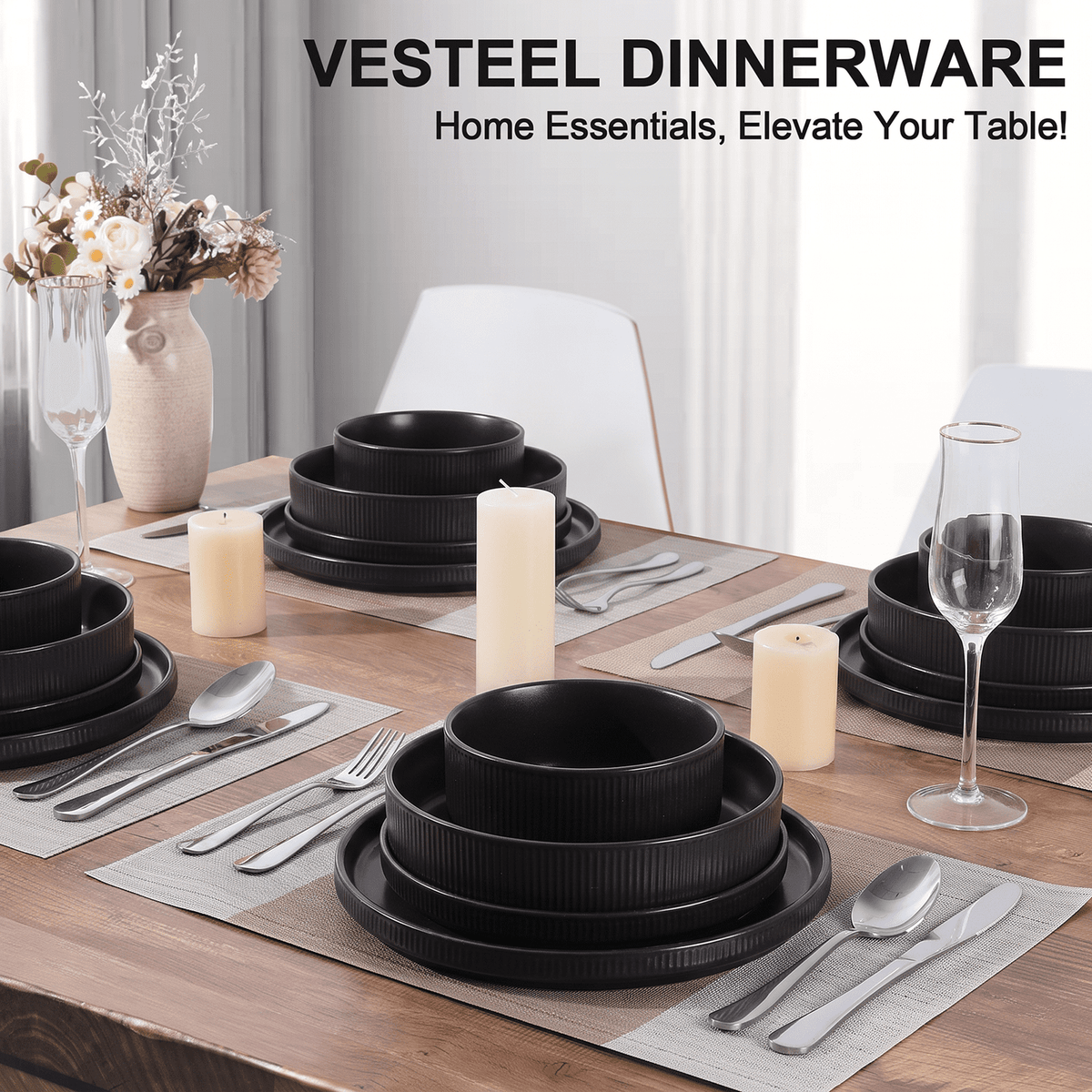 Vesteel 12 Pieces Dinnerware Set for 4, Premium Stoneware Ribbed Dishes, Chip & Scratch Resistant Plates and Bowls Set for Home Restaurant, Microwave and Dishwasher Safe - Speckled White