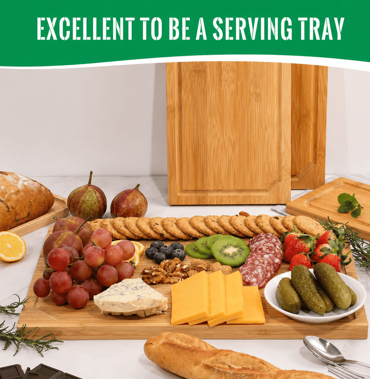 18” x 12” Cadley Bamboo Cutting Board for Kitchen, Extra Large Wooden Chopping Board with Juice Groove and Hanging Hole, Heavy Duty Cutting Board.