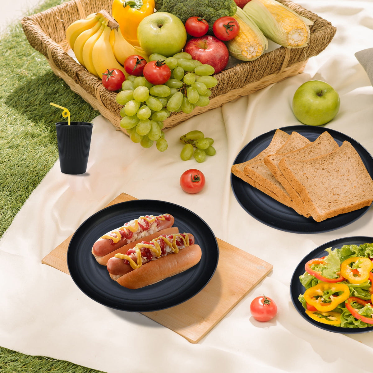 Soulgenix Wheat Straw Dinnerware Set, 48 Piece Plastic Plates and Bowls Sets for Microwave & Dishwasher Safe, Unbreakable Reusable Dish Set for Home, Dorm, Picnic, Black