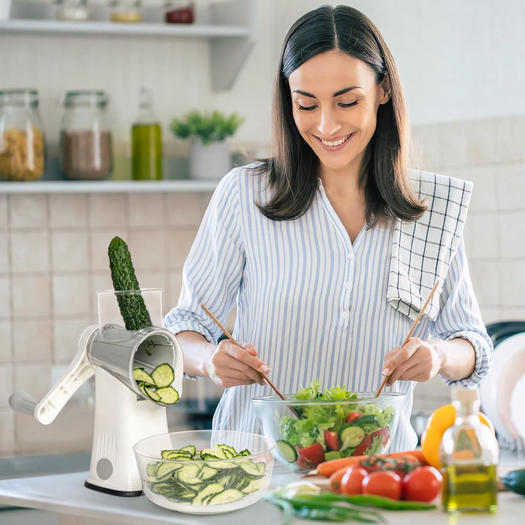 Premium Rotary Cheese Grater, Manual Cheese Grater for Kitchen, Handheld Vegetables Slicer Cheese Shredder with Rubber Suction Base, 3 Stainless Drum Blades Included,Blue