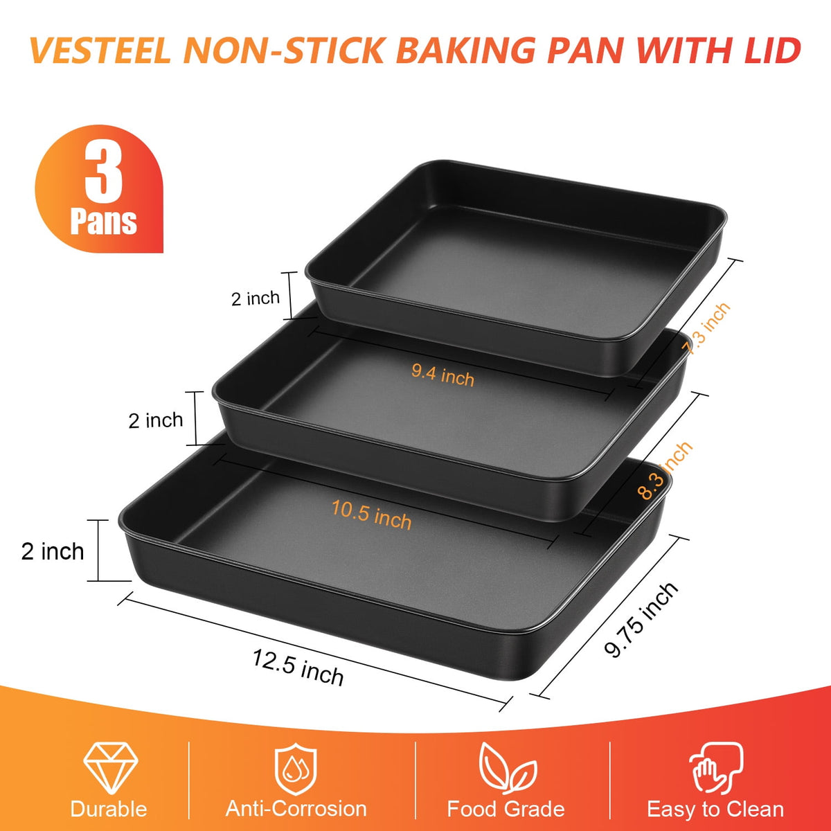 Baking Pans Set of 3, VeSteel Stainless Steel Sheet Cake Pan for Oven - 12.5/10.5/9.4Inch, Rectangle Bakeware Set for Cake Lasagna Brownie Casserole Cookie, Non-toxic & Healthy, Dishwasher Safe