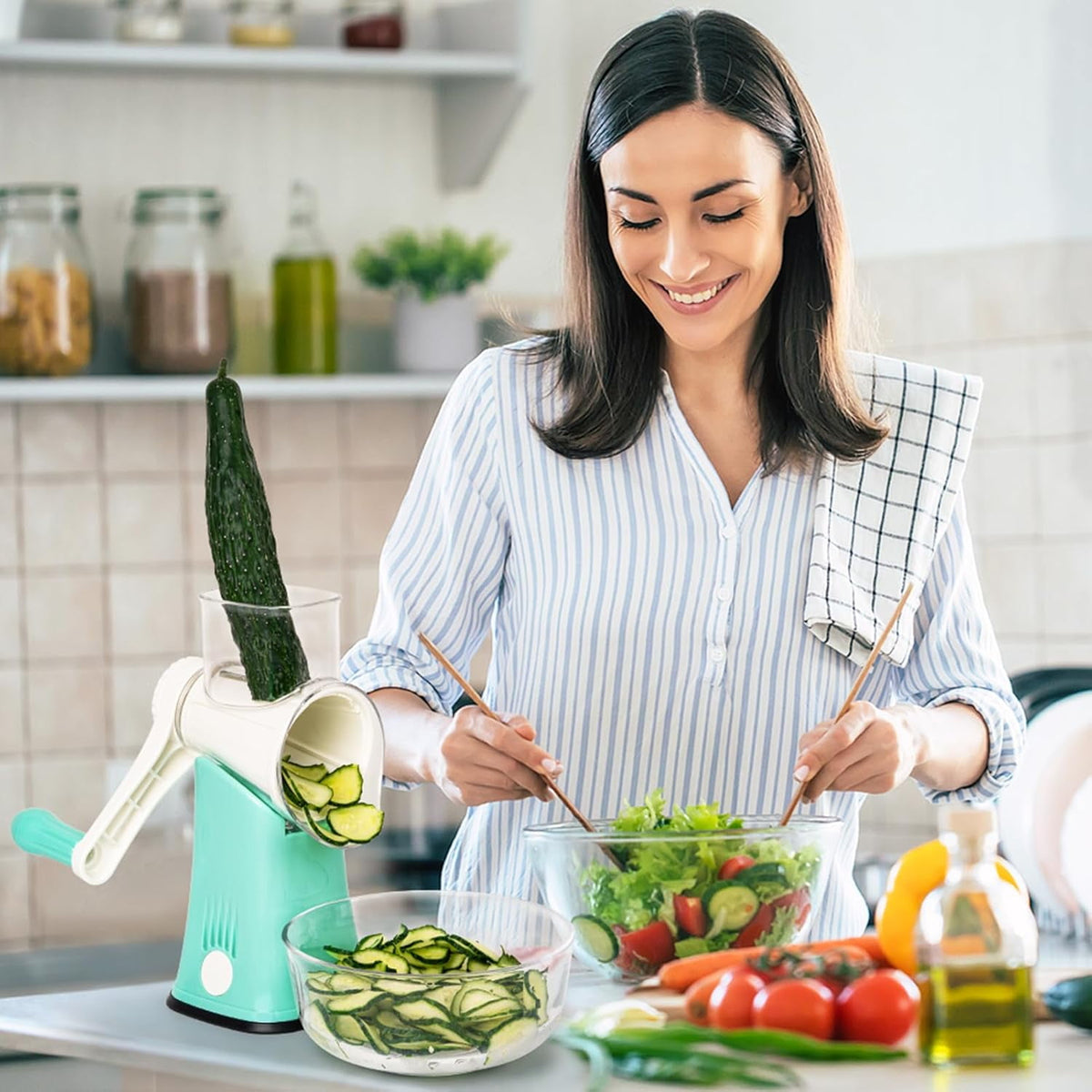Premium Rotary Cheese Grater, Manual Cheese Grater for Kitchen, Handheld Vegetables Slicer Cheese Shredder with Rubber Suction Base, 3 Stainless Drum Blades Included,Blue