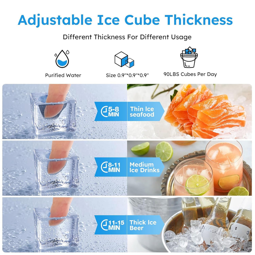 Ecojoy Commercial Ice Maker Machine 200Lbs/24H, 50Lbs Storage Bin, Freestanding & Under Counter Ice Maker | 55 Ice Cubes in 5-15 min | Thicknesses Adjustable | Commercial Ice Machine, Stainless Steel