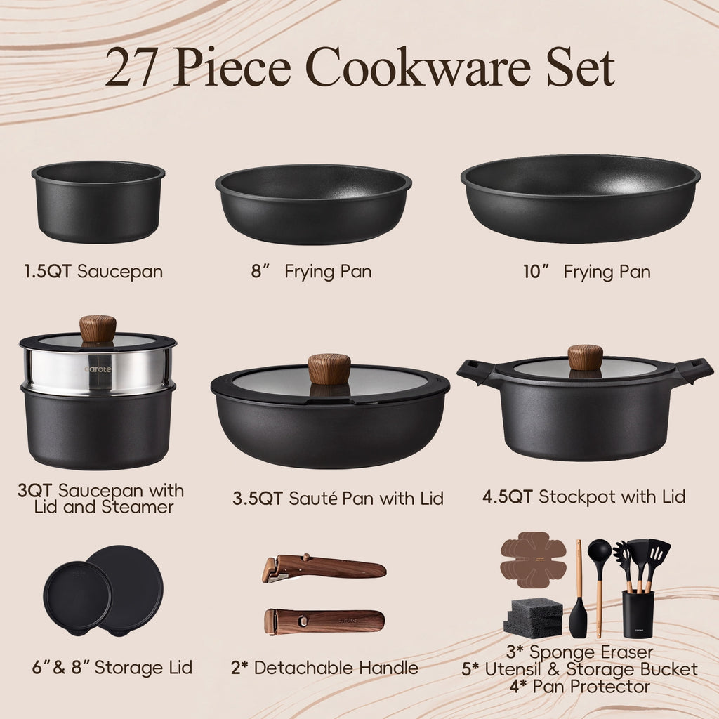 Carote 24-Piece Nonstick Cookware Set, Pots and Pans Set with Detachable Handle, Induction Compatible, Oven & Dishwasher Safe, Black