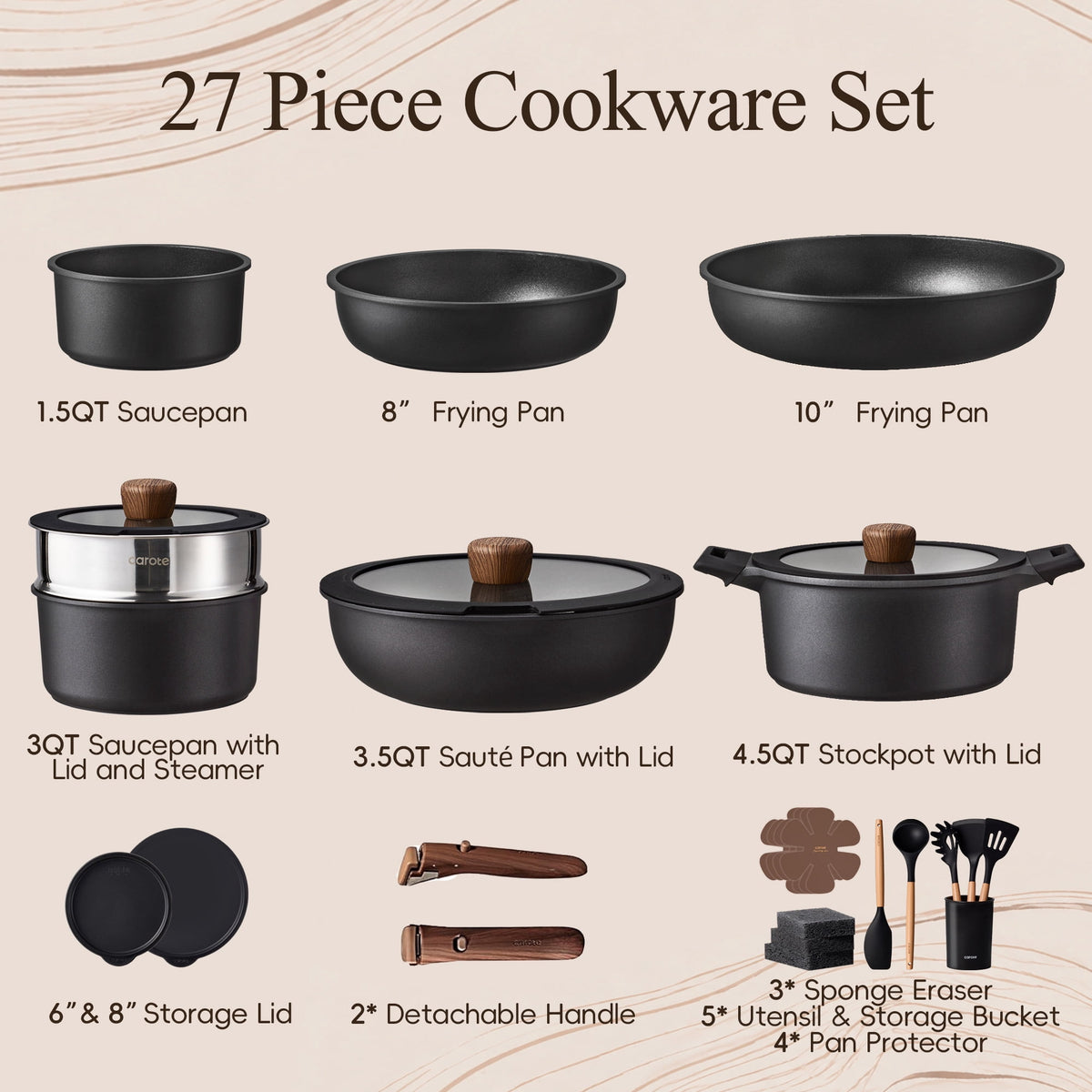 Carote 24-Piece Nonstick Cookware Set, Pots and Pans Set with Detachable Handle, Induction Compatible, Oven & Dishwasher Safe, Black