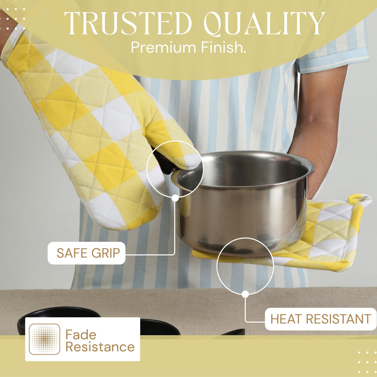 Softopia Cotton Buffalo Plaid Check Oven Mitts and Pot Holders Set, 100% Cotton, Heat Resistant, 2 Oven Gloves 7x13 Inches and 2 Hot Pads 8x8 Inches for Cooking and Baking, Lemon Yellow White