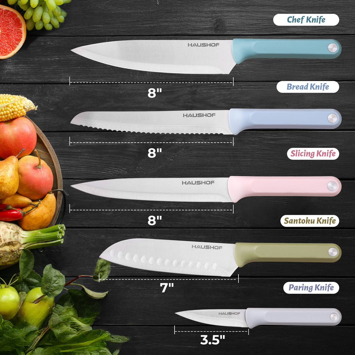 HAUSHOF Colorful Kitchen Knife Set 5 PCS, Non-Stick Coated Stainless Steel Blades with Sheaths, Ergonomic Grip, Gift for Mom Dad Wife, Camping BBQ Everyday Cooking, Chopping