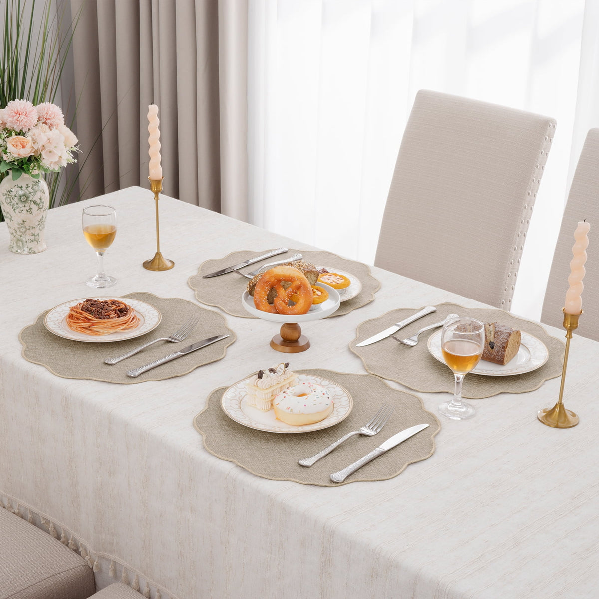 Ileading Scalloped Round Placemats Set of 6 Polyester Linen Blend Washable Non Slip Place Mats Easy Clean Heat Resistant Table Mats for Kitchen Dining Table Decor