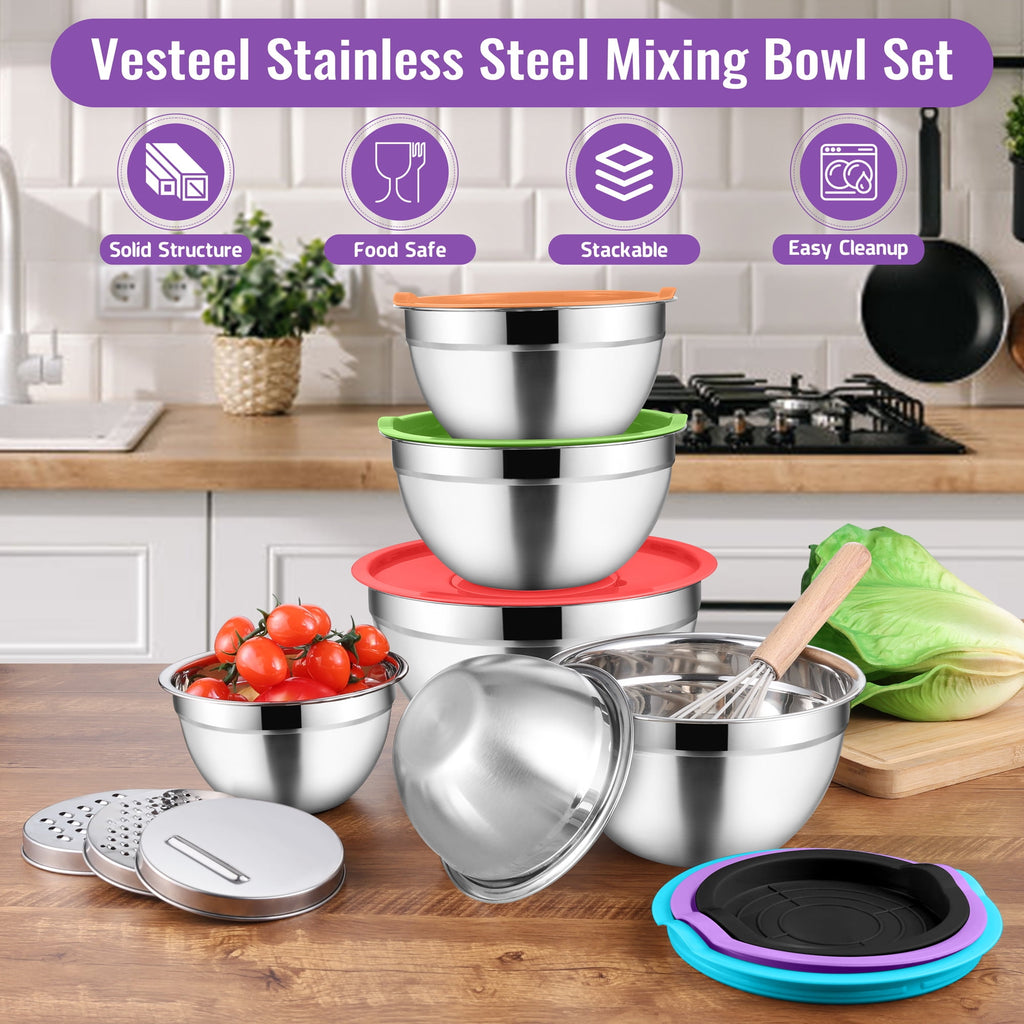 Mixing Bowls with Lids Set of 9, Vesteel Stainless Steel Mixing Bowls Metal Nesting Salad Bowls Attach with 3 Graters for Kitchen Grating/ Shredding, Size 4.6, 2.6, 2, 1.5, 1, 0.7 QT - Multi-Color