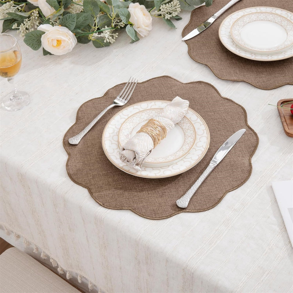 Ileading Scalloped Round Placemats Set of 6 Polyester Linen Blend Washable Non Slip Place Mats Easy Clean Heat Resistant Table Mats for Kitchen Dining Table Decor