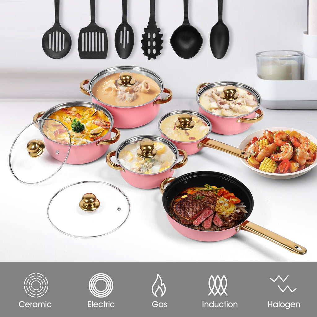 12 Piece Stainless Steel Cookware Set, Nonstick Cookware Set, Kitchen Pots and Pans Tea Kettle Set with Glass Lid for Cooking, Dishwasher, Pink