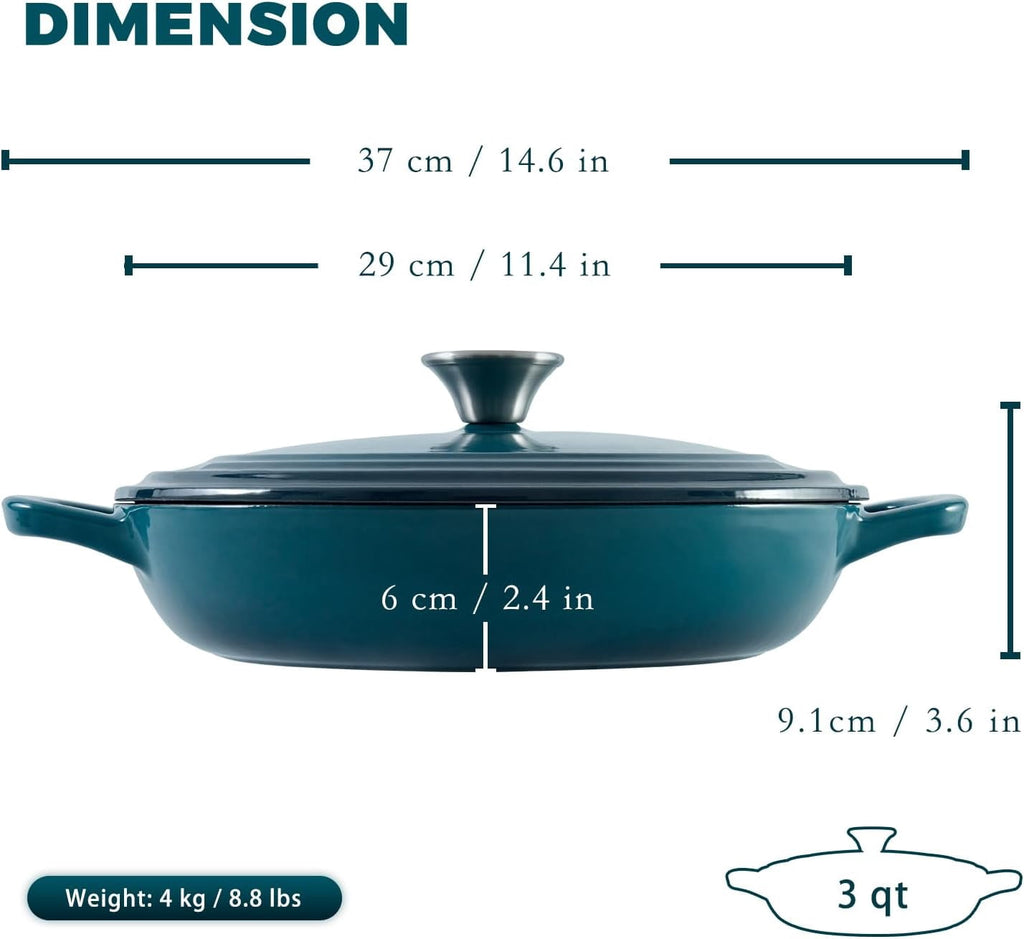 Flavehc Braiser Enameled Cast Iron Braiser 3 qt Braiser Pan with Lid Purple Shallow Cast Iron Casserole Braiser Pan with Handels
