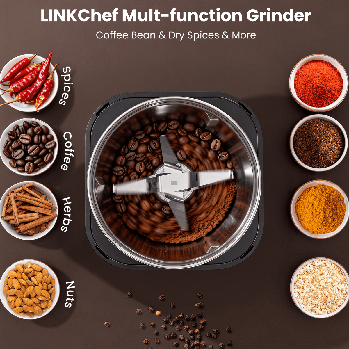 LINKChef Coffee Grinder, Coffee Bean Grinder, Spice Grinder with Stainless Steel Four Blades Perfect for Coffee Beans, Spice, Tea (Black)