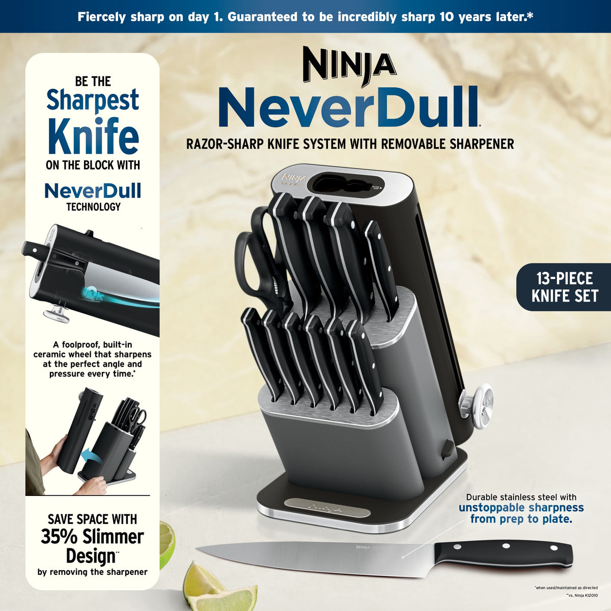 Ninja NeverDull Razor-Sharp 13-Piece Knife System with Removable Sharpener, Laser-Cut Blades, NK12013BK1, Black