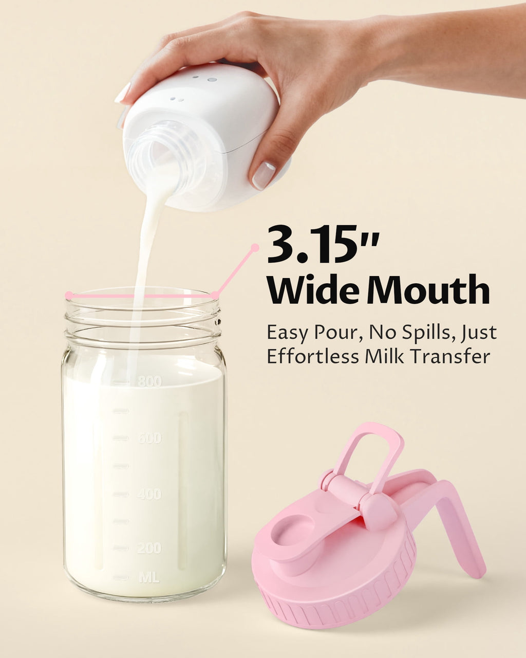 Breast Milk Pitcher 32oz Mason Jar with Wide Mouth and Handle-Pink Glass Pitcher with Flip Cap Lid and Pour Spout Airtight Seal for Cold Beverages