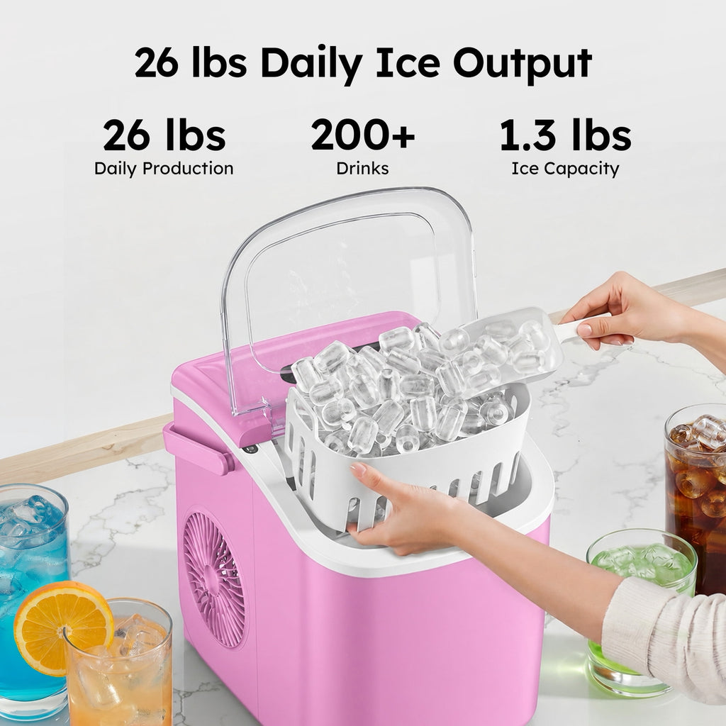 Simzlife Countertop Ice Maker, 26 Lbs/24H, 9 Bullet-Shaped Ice Cubes in 6 Minutes, Auto-Cleaning Ice Machine, Black
