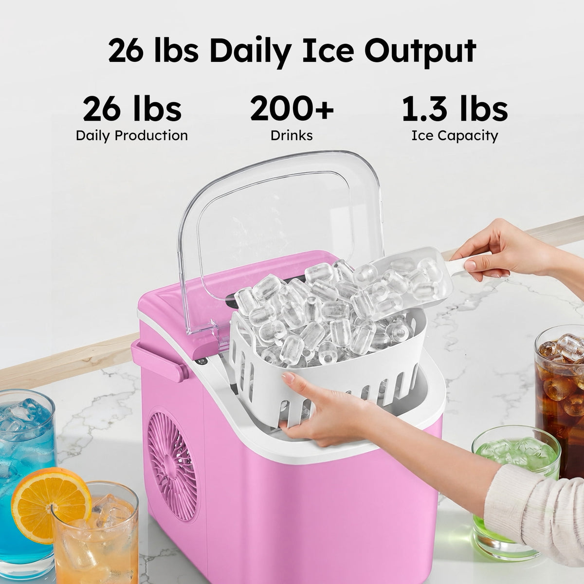 Simzlife Countertop Ice Maker, 26 Lbs/24H, 9 Bullet-Shaped Ice Cubes in 6 Minutes, Auto-Cleaning Ice Machine, Black