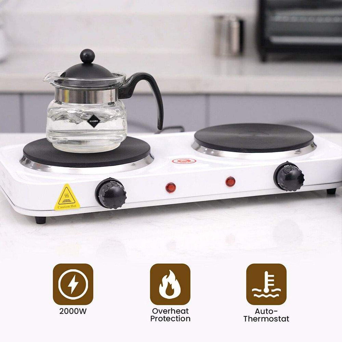 Electric Countertop Double Burner for Cooking, Portable 2000W Countertop Cast Iron Stove Burner, Hot Plate Temperature Controls with 5 Adjustable for RV/Home/Camp, Black