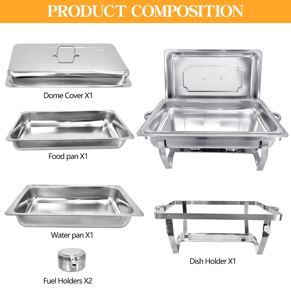 Jacgood Chafing Dish Buffet Set 4 Pack 8QT Full Pan Stainless Steel Food Warmer Chafer Complete Set with Water Pan, Chafing Fuel Holder for Home Party, Buffets, Wedding, Banquet, Catering Events