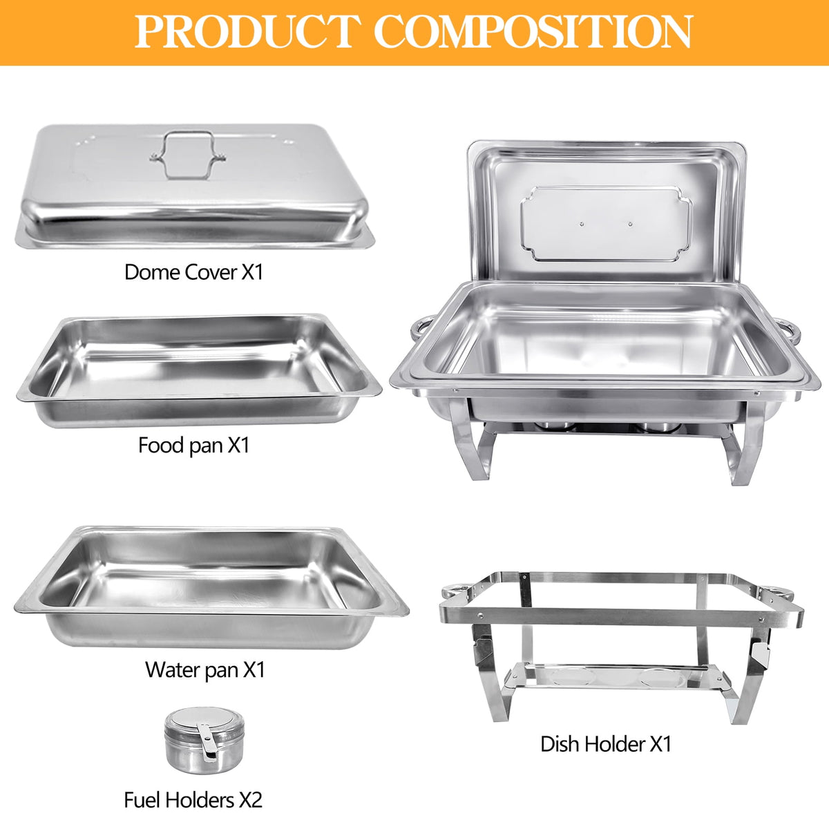 Jacgood Chafing Dish Buffet Set 4 Pack 8QT Full Pan Stainless Steel Food Warmer Chafer Complete Set with Water Pan, Chafing Fuel Holder for Home Party, Buffets, Wedding, Banquet, Catering Events