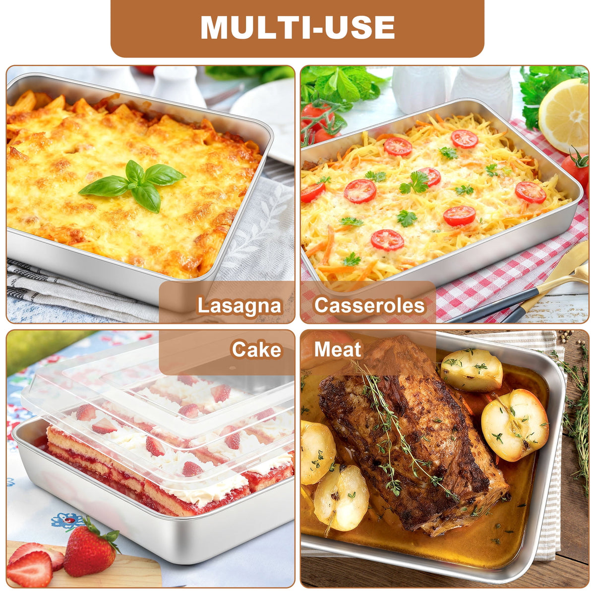 Baking Pans Set of 3, VeSteel Stainless Steel Sheet Cake Pan for Oven - 12.5/10.5/9.4Inch, Rectangle Bakeware Set for Cake Lasagna Brownie Casserole Cookie, Non-toxic & Healthy, Dishwasher Safe