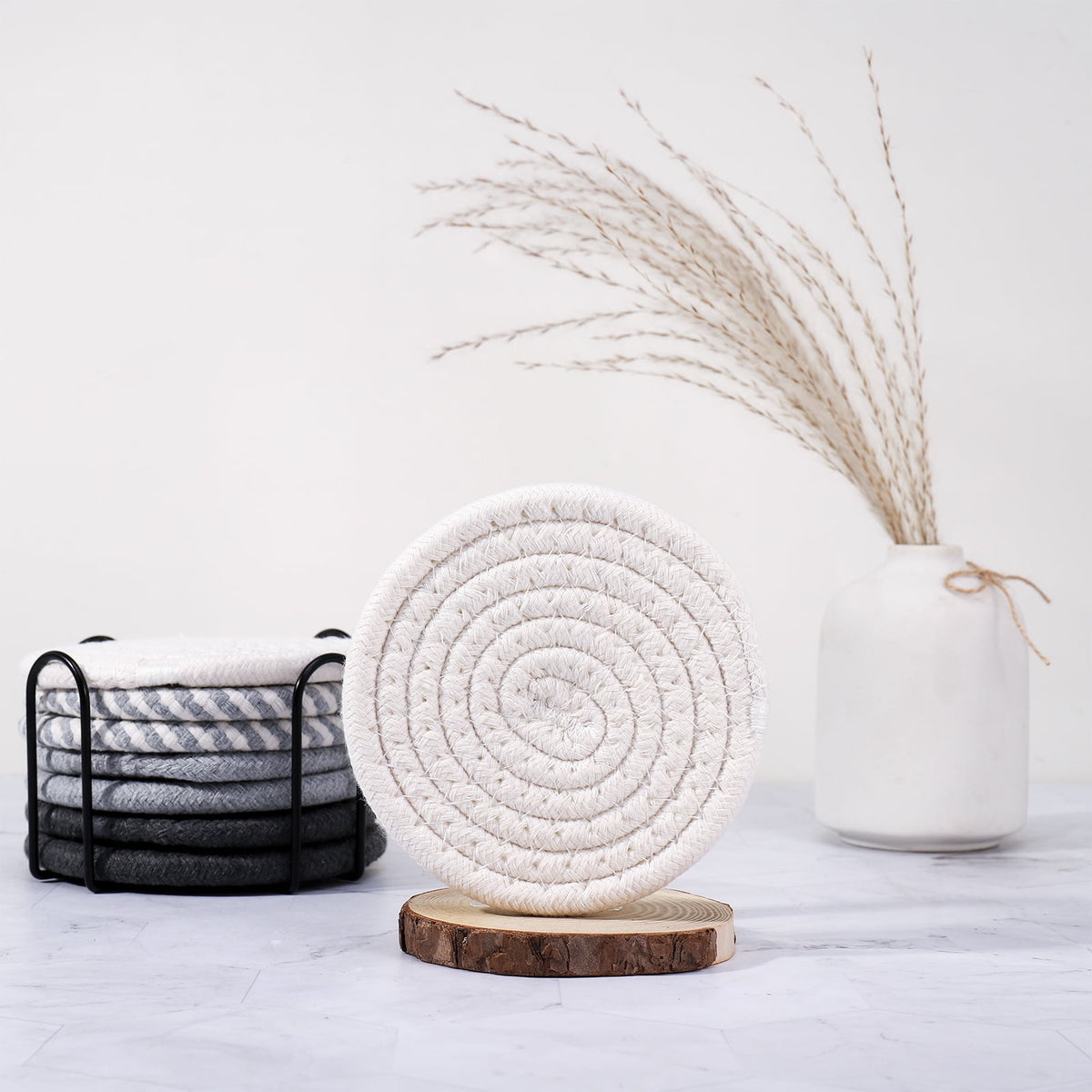 AOWOO 8 Pcs Drink Coasters with Holder, Cotton Woven Absorbent Coasters for Drinks, Minimalist Home Decor Coaster Set for Wooden Tabletop Protection Table(Color 1)