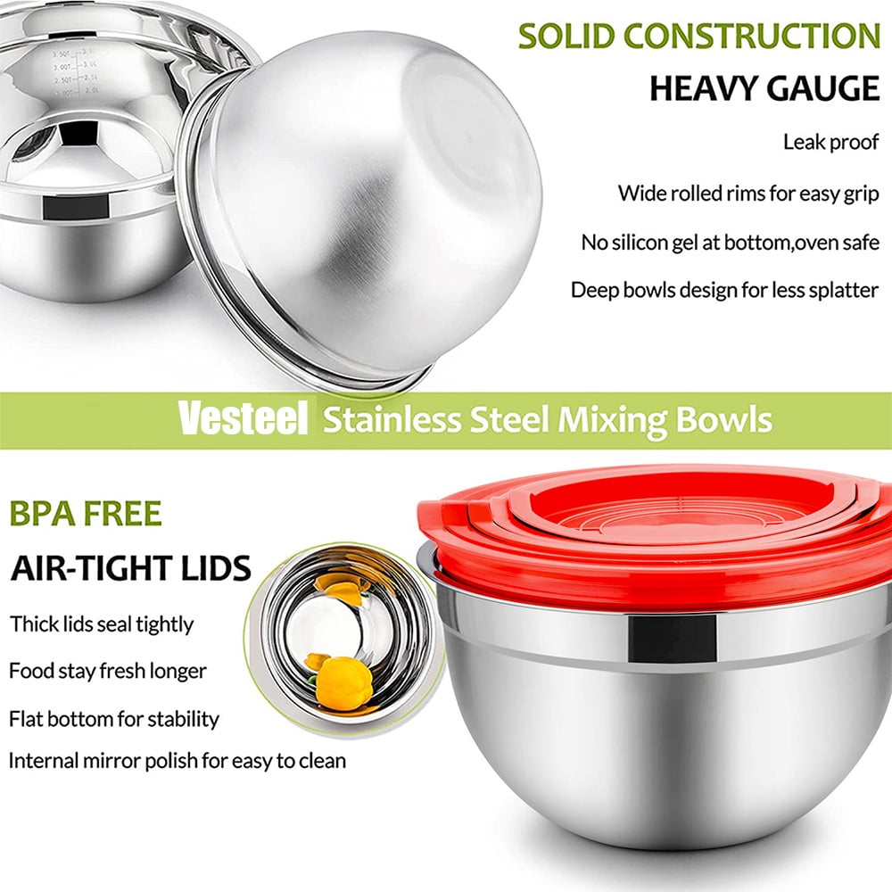 Mixing Bowls with Lids Set of 5, Vesteel Stainless Steel Mixing Bowls Metal Nesting Salad Bowls, Size 4.5, 3, 1.5, 1, 0.7 QT Great for Cooking, Baking, Serving - Multi-Color
