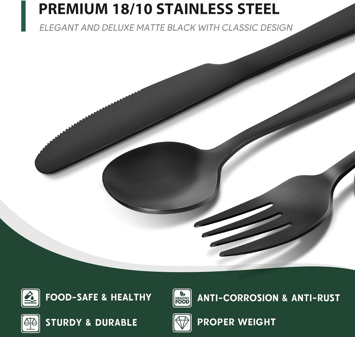 Black Flatware Set, AOKIWO 48-Piece 18/8 Stainless Steel Tableware Silverware with Steak Knives for Kitchen Restaurant, Mirror Polished ,Dishwasher